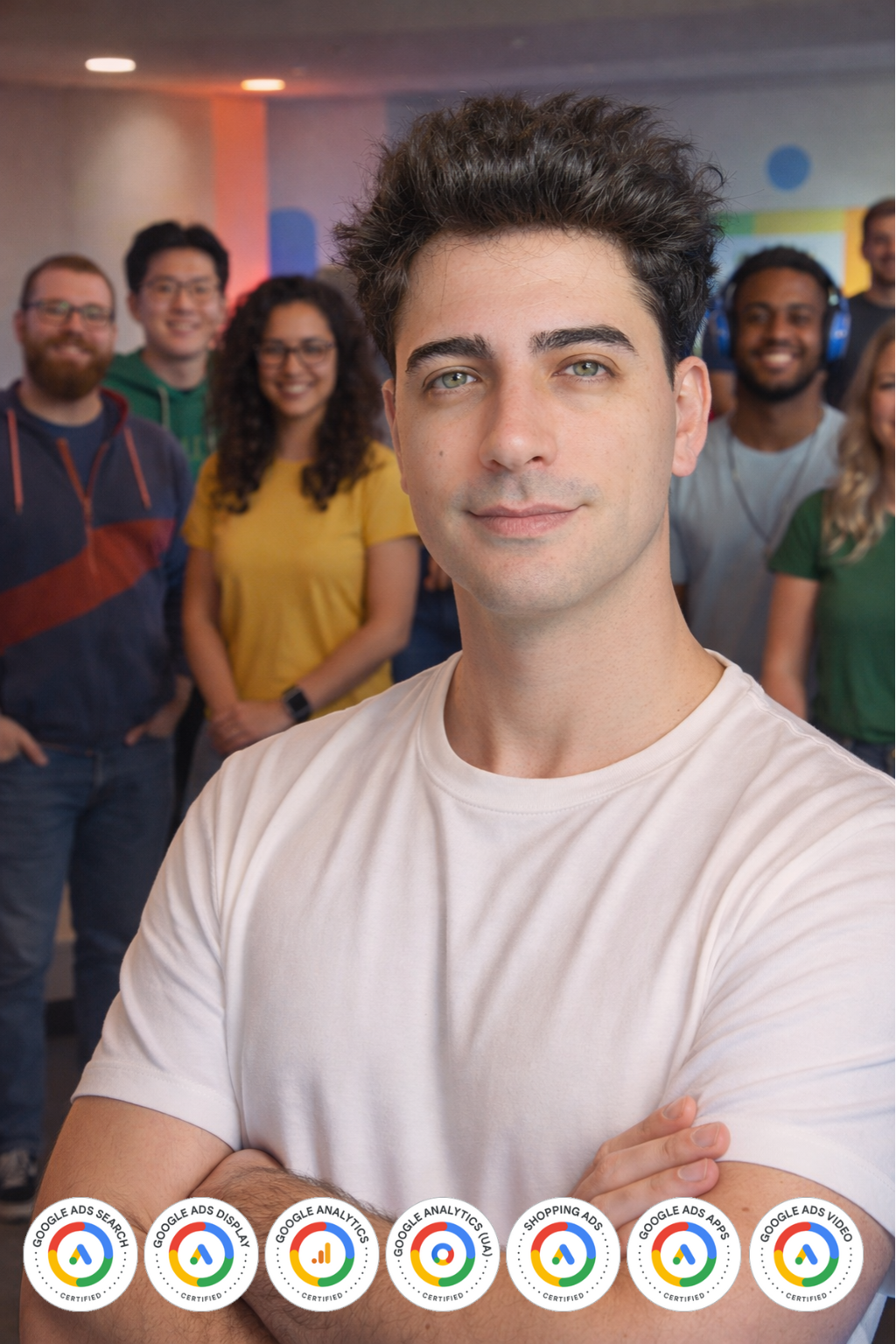 Gabriel Arnone com a equipe e selos Google